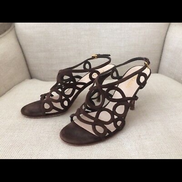 Prada Heels Caged Strappy Brown Suede Sandals EUC